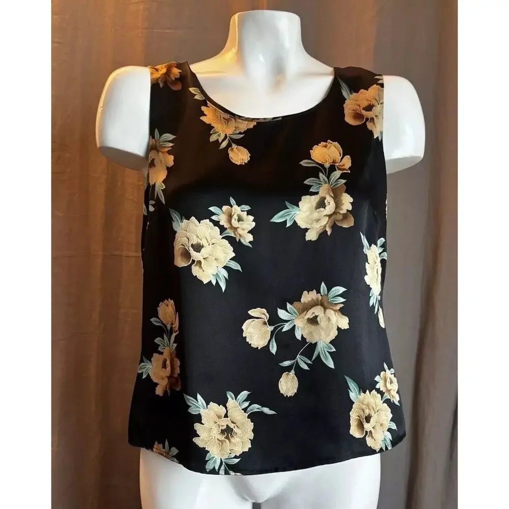 Kate Hill Silk Top Satin Black Tank Sleeveless Size 8 Floral Roses
